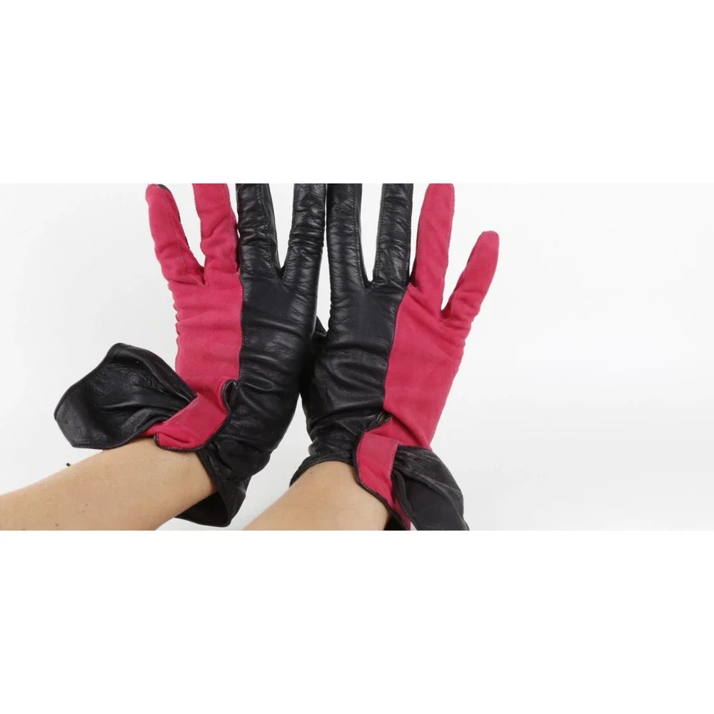 RARE Vintage Pierre Cardin Red Black Leather Suede Bow Gloves Size 7.5 France